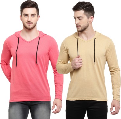 Adorbs Solid Men Hooded Neck Pink, Beige T-Shirt