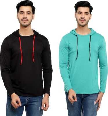 Bribzy Solid Men Hooded Neck Green, Black T-Shirt