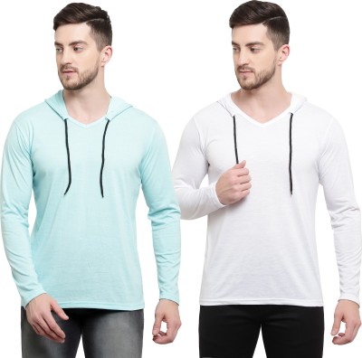 Adorbs Solid Men Hooded Neck Light Blue, White T-Shirt