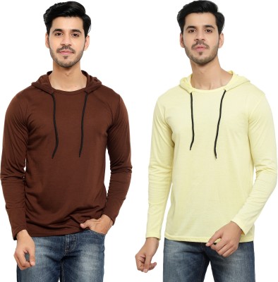 Bribzy Solid Men Hooded Neck Brown, Yellow T-Shirt