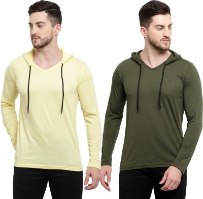 Adorbs Solid Men Hooded Neck Dark Green, Yellow T-Shirt