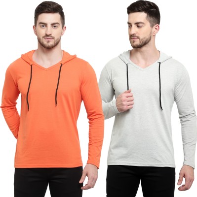 Adorbs Solid Men Hooded Neck Orange, Grey T-Shirt