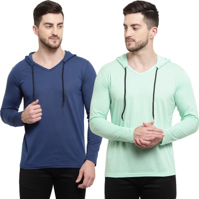 Adorbs Solid Men Hooded Neck Dark Blue, Light Green T-Shirt