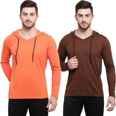 Adorbs Solid Men Hooded Neck Brown, Orange T-Shirt