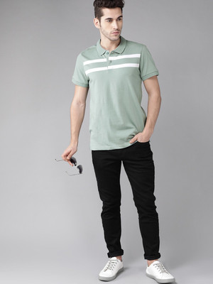 Roadster Striped Men Polo Neck Green T-Shirt
