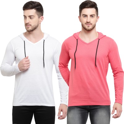 Adorbs Solid Men Hooded Neck White, Pink T-Shirt