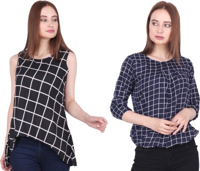 RNU CREATIONS Casual Sleeveless Checkered Women Blue Top