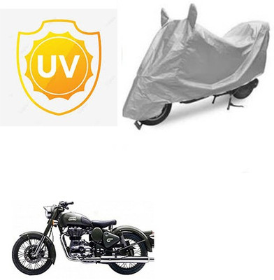 SRENTERPRISES Two Wheeler Cover for Royal Enfield(Battle Green, Silver)