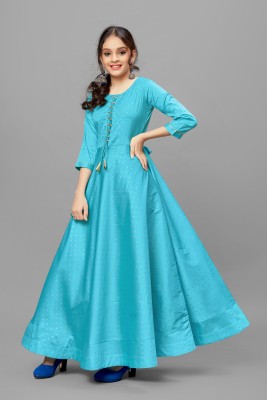 Mirrow Trade Girls Maxi/Full Length Casual Dress(Light Blue, 3/4 Sleeve)