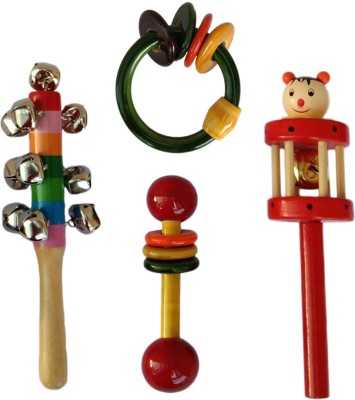 Tovick Handmade wooden multi color Eco friendly Set of 4 colorful sounding wooden baby Rattles Toys set for 3 month to 2 years old baby Rattle(Multicolor)