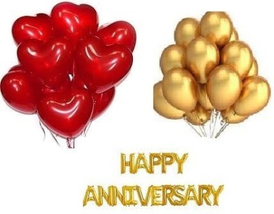 StyleonNation Outright Solid Mettalic Golden Party Balloons + Red Heart Shaped Party Balloons Combo Pack of 50 and HAPPY ANNIVERSARY Golden Ballons Pack of 16 Alphabets Letter Balloon(Red, Gold, Pack of 66)