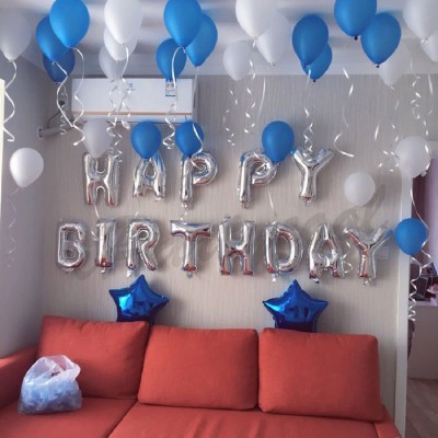 AZEFFIA Solid Birthday Combo Pack Happy Birthday Silver Foil Balloons 13 Letters Set + Metallic Round Balloon ( Blue, white ) (30 Balloons)+2star blue foil balloons 18 inches with free 10 pcs magic candle Balloon(Multicolor, Pack of 43)