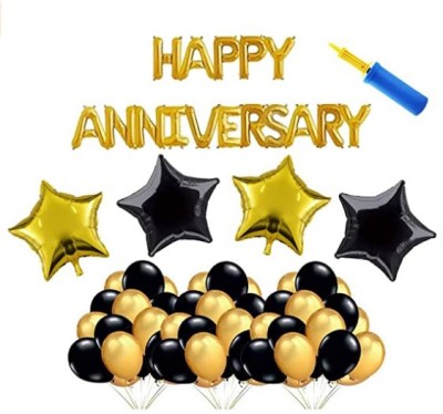 Blooms Mall Solid Happy wedding anniversary balloon Little Star Anniversary Combo anniversary Foil Balloon + Star Foil + Mettalic Balloon and Balloon Pump Balloon(Gold, Black, Pack of 99)