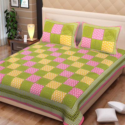 E ELMA Cotton Double Flat 144 TC Jaipuri Prints Bedsheet(Pack of 1, Pink, Green)