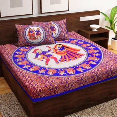 avtar Cotton King Flat 144 TC Printed Bedsheet(Pack of 1, Pink, Blue)