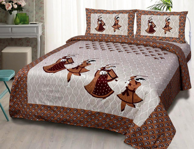 avtar Cotton King Flat 144 TC Printed Bedsheet(Pack of 1, White, Brown)