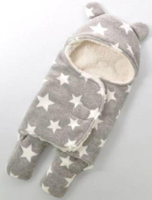 NCY Printed Crib Hooded Baby Blanket for  AC Room(Fur, Grey , White)