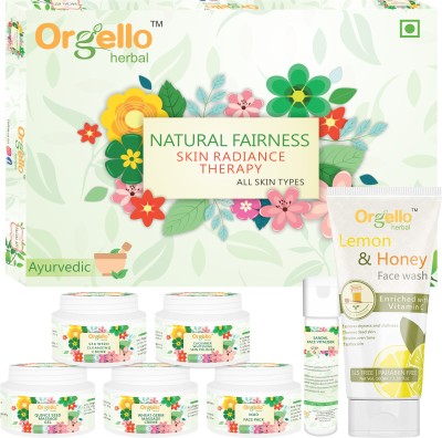 orgello Herbal Facial Kit combo - Herbal Facial Kit (5 x 50 g + 10 g Serum) for Glowing Skin + Lemon & Honey Face Wash for instant glowing (1 x 100 ml) for men women girls boys normal oily dry skin sls paraben mineral oil free(7 Items in the set)