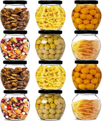 Kipozy Glass Grocery Container  - 400 ml(Pack of 12, White, Black)