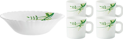Larah by Borosil Opalware Serving Bowl Green Herbs(Pack of 5, White)