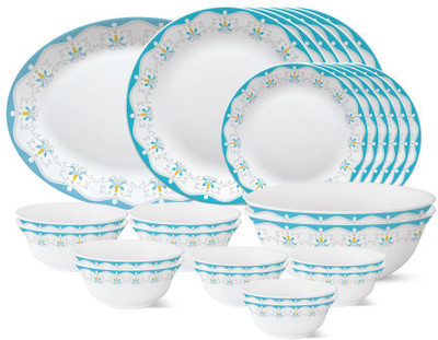 Larah by Borosil Pack of 27 Opalware Royal Jade Dinner Set(White, Microwave Safe)