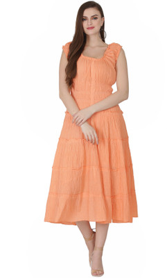 CHERIMODA Women Fit and Flare Orange Midi/Calf Length Dress
