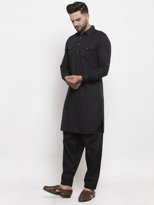 Purple State Men Solid Pathani Kurta(Black)