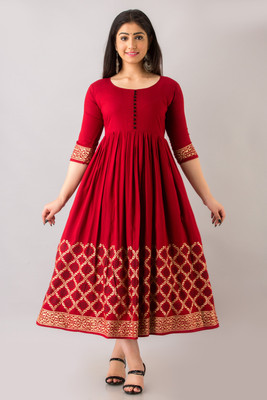 CLOTHING HOUSE Women Printed Flared Kurta(Maroon)