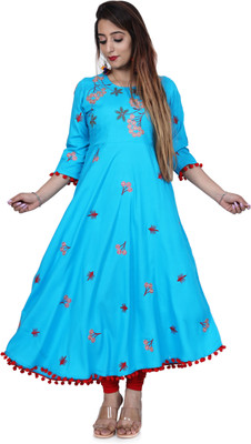ELVISH JAIPUR Women Embroidered Gown Kurta(Light Blue)