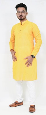 Rainbow Cloths Men Solid Straight Kurta(Yellow)