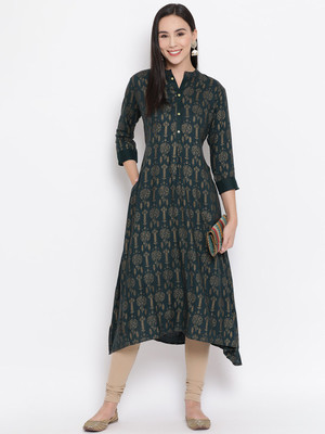 Span Women Printed A-line Kurta(Green)