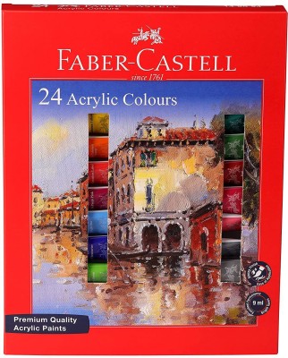FABER-CASTELL Acrylic colours Tube set of 9ml 24 shades with Doms brush set(Round-0,2,4, Flat-2,6) and Doms Drawing pencils set(HB,2B,4B,6B,8B,10B)(Set of 12, Multicolor)