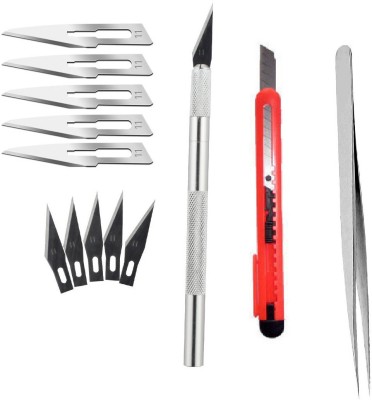 WOWSOME Detail Pen Knife Metal Handle With 5+5 (extra 5 blades are different) Interchangeable Sharp Blades and 1 cutter, 1 steel tweezer for Art and Craft Work Multipurpose Paper Crafting Tool