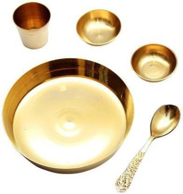 SBBCO Brass Laddu Gopal Bhog Thali Set with 2 Katori, 1 Glass, 1 Spoon for Temple Home Décor Brass(5 Pieces, Gold)