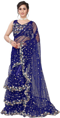 JATRIQQ Embroidered Bollywood Net Saree(Blue)