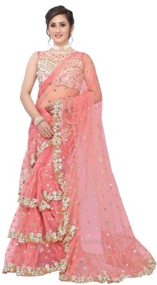 JATRIQQ Embroidered Bollywood Net Saree(Pink)