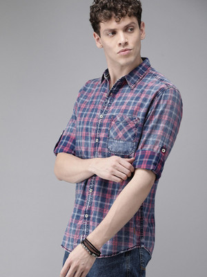 Roadster Men Checkered Casual Blue, Pink Shirt