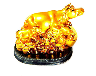 Urancia Golden Color Wish Fulfilling Cow with Calf on Lucky Coins for Vastu & Fengshui Decorative Showpiece  -  6 cm(Stone, Yellow)