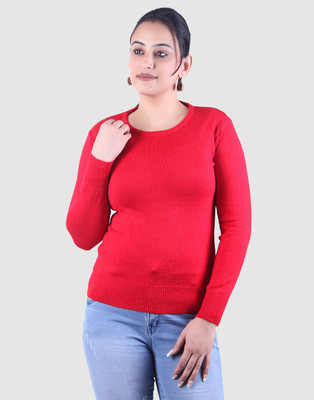 Ogarti Solid Round Neck Casual Women Red Sweater