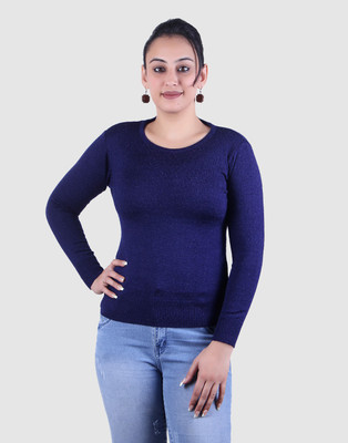 Ogarti Solid Round Neck Casual Women Blue Sweater