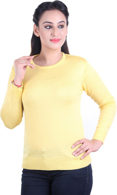 Ogarti Solid Round Neck Casual Women Yellow Sweater