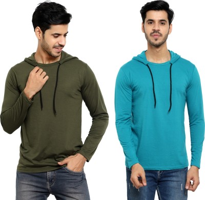 Bribzy Solid Men Hooded Neck Green, Blue T-Shirt