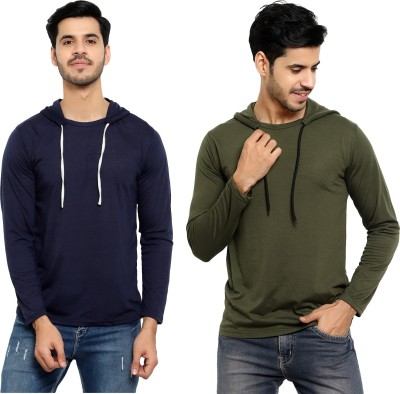 Bribzy Solid Men Hooded Neck Dark Blue, Green T-Shirt