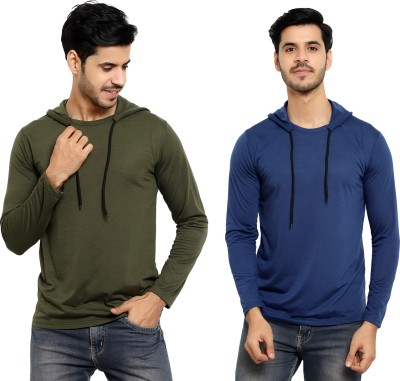 Bribzy Solid Men Hooded Neck Dark Blue, Dark Green T-Shirt