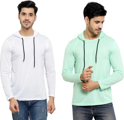 Bribzy Solid Men Hooded Neck White, Green T-Shirt