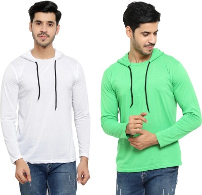 Bribzy Solid Men Hooded Neck White, Light Green T-Shirt