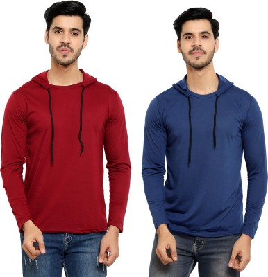 Bribzy Solid Men Hooded Neck Dark Blue, Maroon T-Shirt