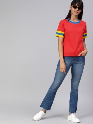 HERE&NOW Color Block Women Round Neck Red T-Shirt