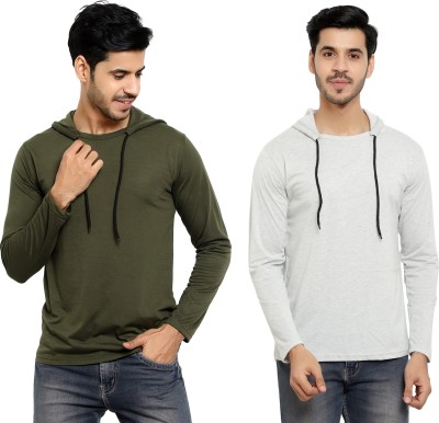 Bribzy Solid Men Hooded Neck Dark Green, Grey T-Shirt