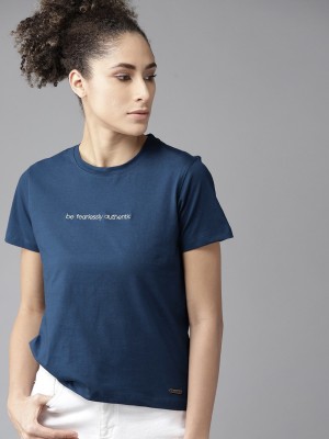 Roadster Typography Women Round Neck Blue T-Shirt